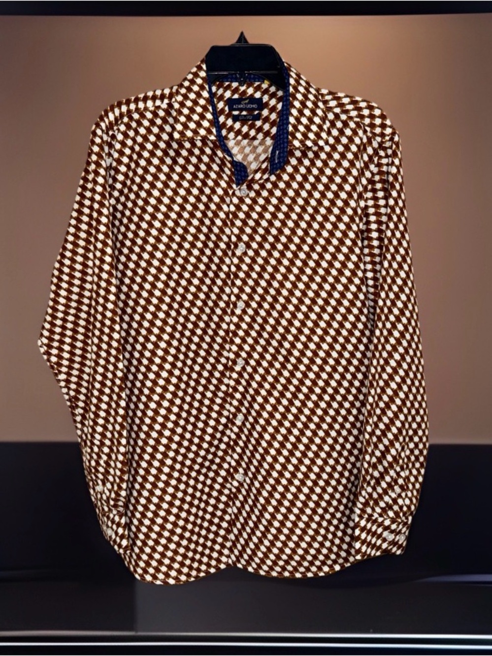 Nwot Azaro Uomo Men's Casual Brown Geometric Print Button-Down Shirt-L-EC
